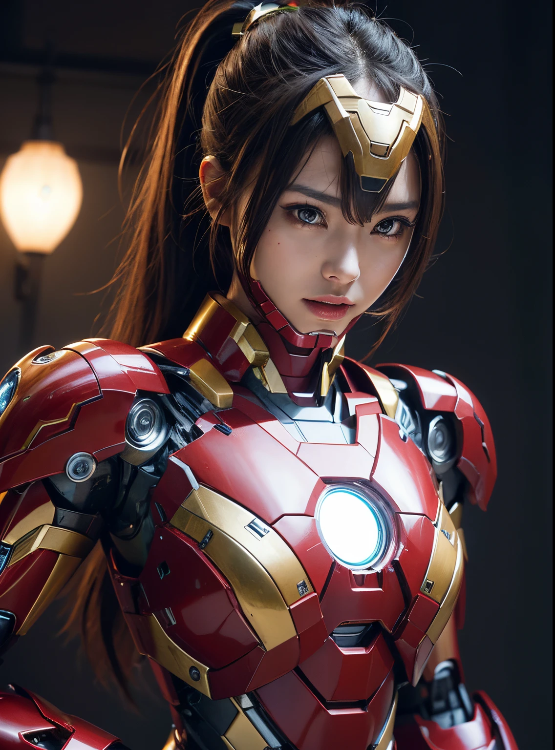 Textured skin, Super Detail, high details, High quality, Best Quality, hight resolution, 1080p, hard disk, Beautiful,(Iron Girl),beautiful cyborg woman,Mecha Cyborg Girl,Battle Mode,Girl with a Mecha Body,She wears an Iron Man mech,fully body photo