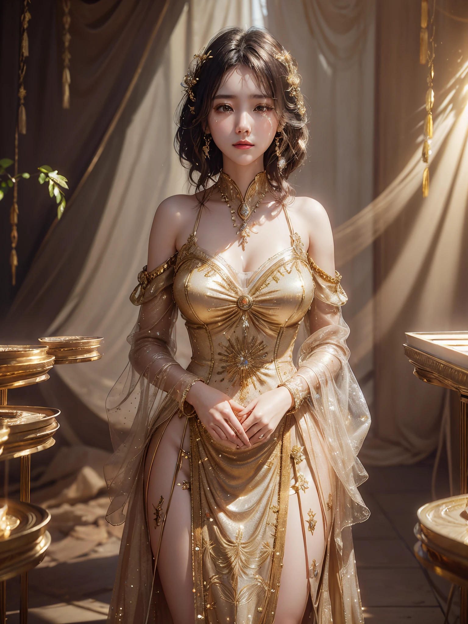 Artistic photos, A photo of a crying young woman,It's covered in gold dollar coins., overhead photography, Dazzling sunlight, iintricate, flashy, semi transparent, Medium scenario, Weird art style, Very creative, and mysterious, high qulity, 8K