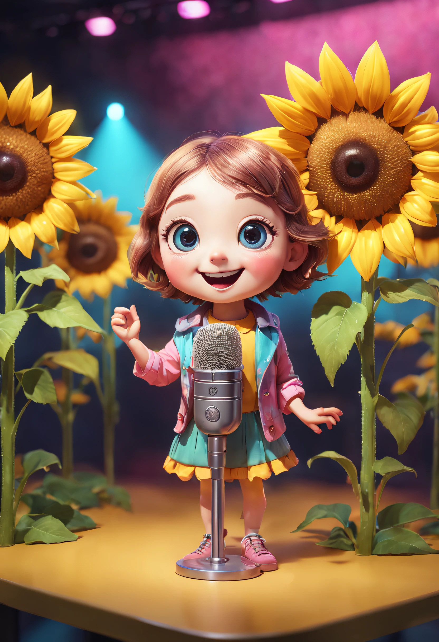 （character  design）， (5 lovely sunflowers，Wearing different colored clothes，stand in front of a microphone and sing,），Holographic Color Set,Smiling, big bright eyes, Background with：stage，neonlight，like a dream，Whimsical，fairytale-like, super detailing, pixal style, vibrant with colors, Natural soft light,, 5 octane rendering, ultra-wide-angle, 8K, High realism，Grand Prix