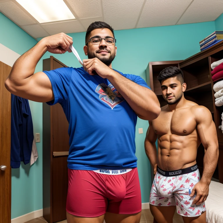 Profesor latino y 2 alumnos mostrando su ropa interior  ,en boxers, con bulto grande en la entrepierna ,imagen realista