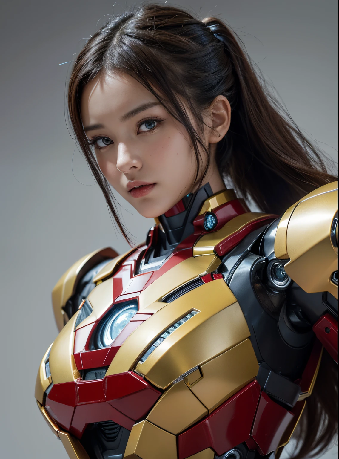 Textured skin, Super Detail, high details, High quality, Best Quality, hight resolution, 1080p, hard disk, Beautiful,(Iron Girl),beautiful cyborg woman,Mecha Cyborg Girl,Battle Mode,Girl with a Mecha Body,She wears an Iron Man mech,fully body photo