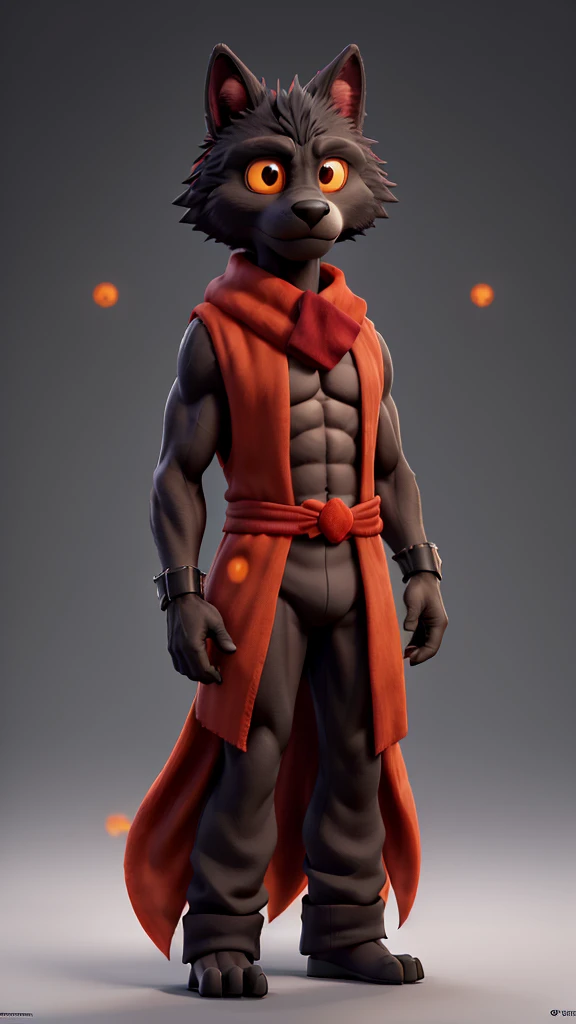 A black-furred anthro wolf, male, (serious expression). Wearing (black cloak (revealing muscular chest), red pants, (white scarf around neck)). Eyes are (orange with (red pupils (black lines))). Full-body image in high-quality. White scarf, black cloak, red pants, mad angry predator