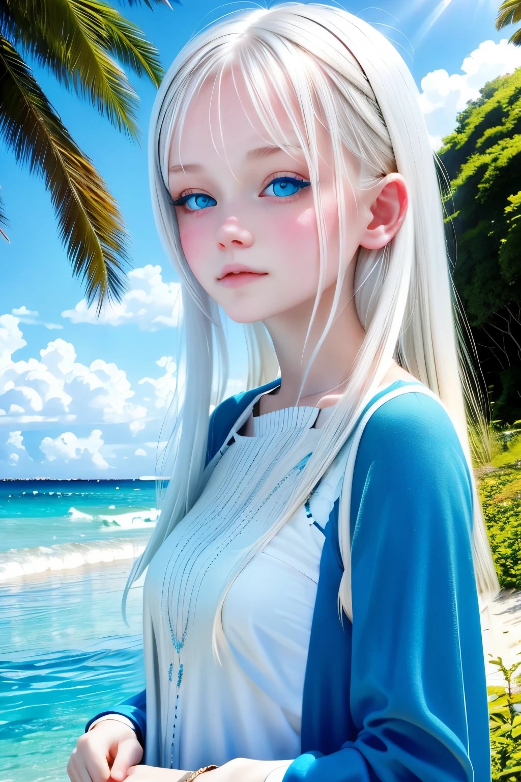 Realistic, 1girl in, White hair, Blue eyes, , Beach, light Particle, llight rays, Wallpaper,
