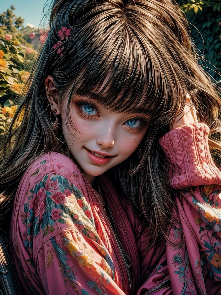 vivid color, (masterpiece), (best quality), ((ultra detailed beautiful face and eyes)), illust style, woman, cinematic angle, Basking in the sun, smile, rough clothes, outdoor garden, warm light, happy face ☀️