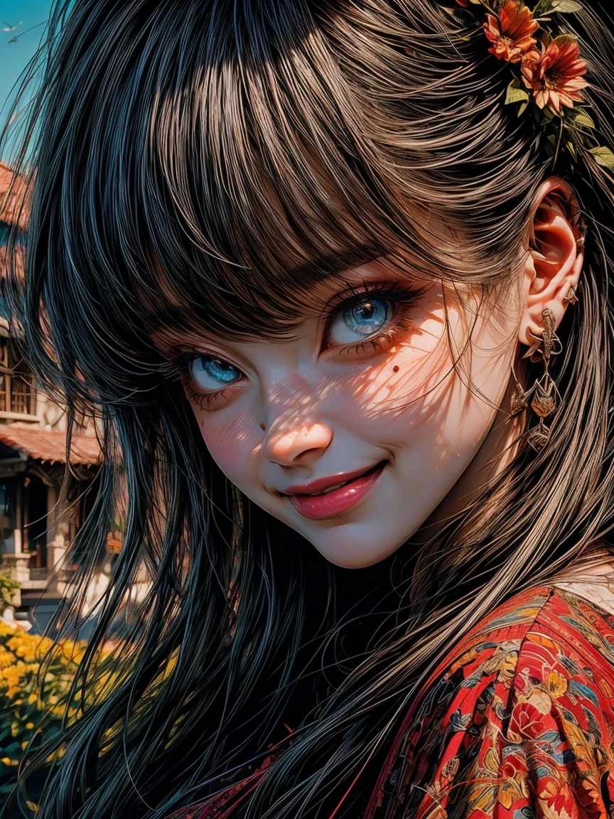 vivid color, (masterpiece), (best quality), ((ultra detailed beautiful face and eyes)), illust style, woman, cinematic angle, Basking in the sun, smile, rough clothes, outdoor garden, warm light, happy face ☀️