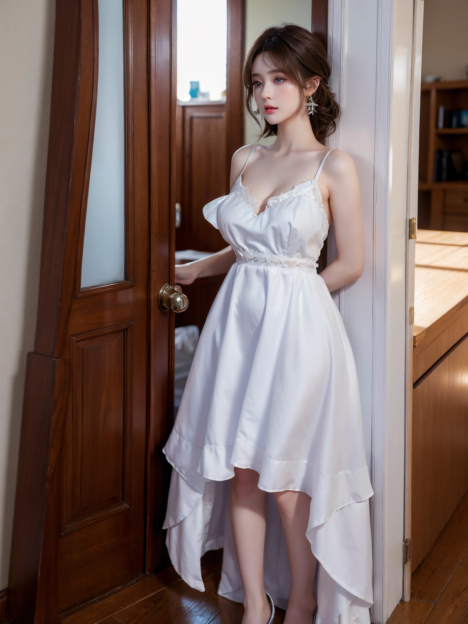 1人の女性, brunette color hair, Blue pupil, s delicate face, cute big breasts, Love earrings, White dress, Standing at the entrance of the bureau, Surreal