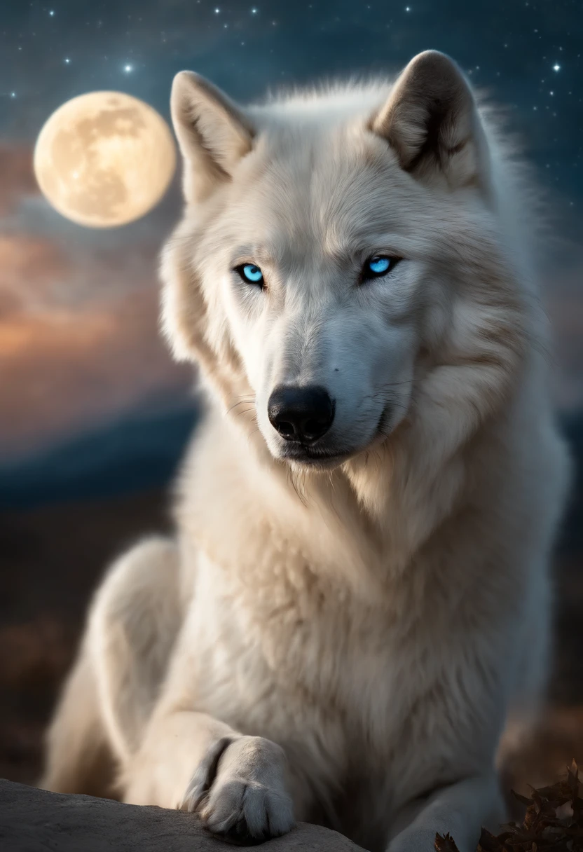 ((White wolf and girl)), (huge wolf), (a huge white wolf guards a beautiful girl), motion, running in front, forward bend, blue eyes, The white wolf&#39;s fur glows with silver sparks, (VERY Young Girl), (girl 16 years old) lips ajar, blue eyes, Blonde girl, very long curly hair, board transparent, transparent air pay, paying with silver trim, silver collar, silver belt, silver sandals, background Orion Nebula, starry sky background, Two moons, Orion Nebula, are on the star path.(Masterpiece: 1.5) (Photorealistic: 1.1) (bokeh) (Best Quality) (detail skin texture, pores, hairsh: 1.1) (Intricate) (8K) (HDR) (wallpapers) (Cinematic lighting) (sharp-focus)