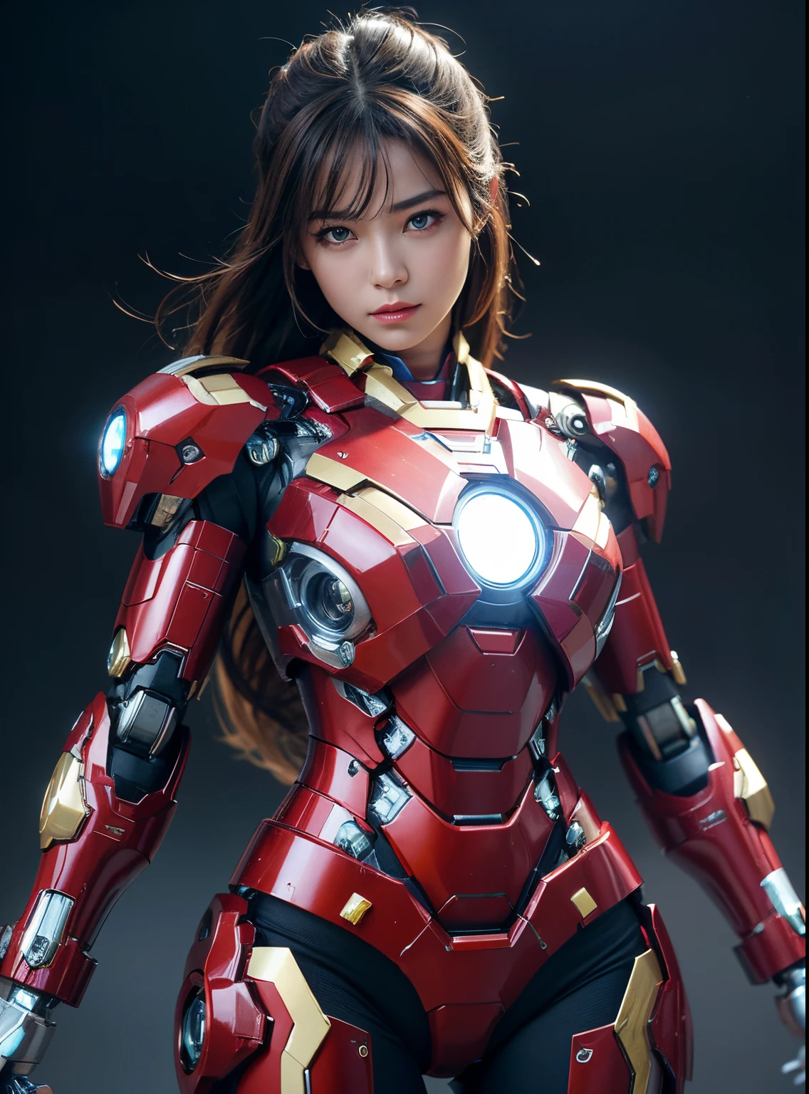 Textured skin, Super Detail, high details, High quality, Best Quality, hight resolution, 1080p, hard disk, Beautiful,(Iron Girl),beautiful cyborg woman,Mecha Cyborg Girl,Battle Mode,Girl with a Mecha Body,She wears an Iron Man mech,fully body photo