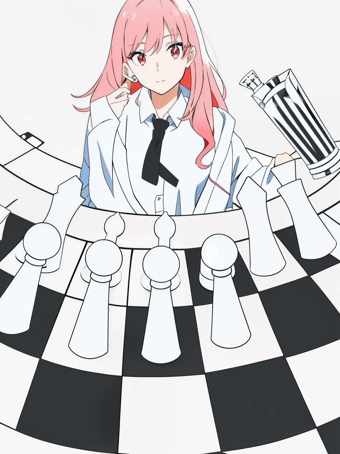 An anime girl with red hair playing chess,Wear a white shirt and black tie,eyes are blue