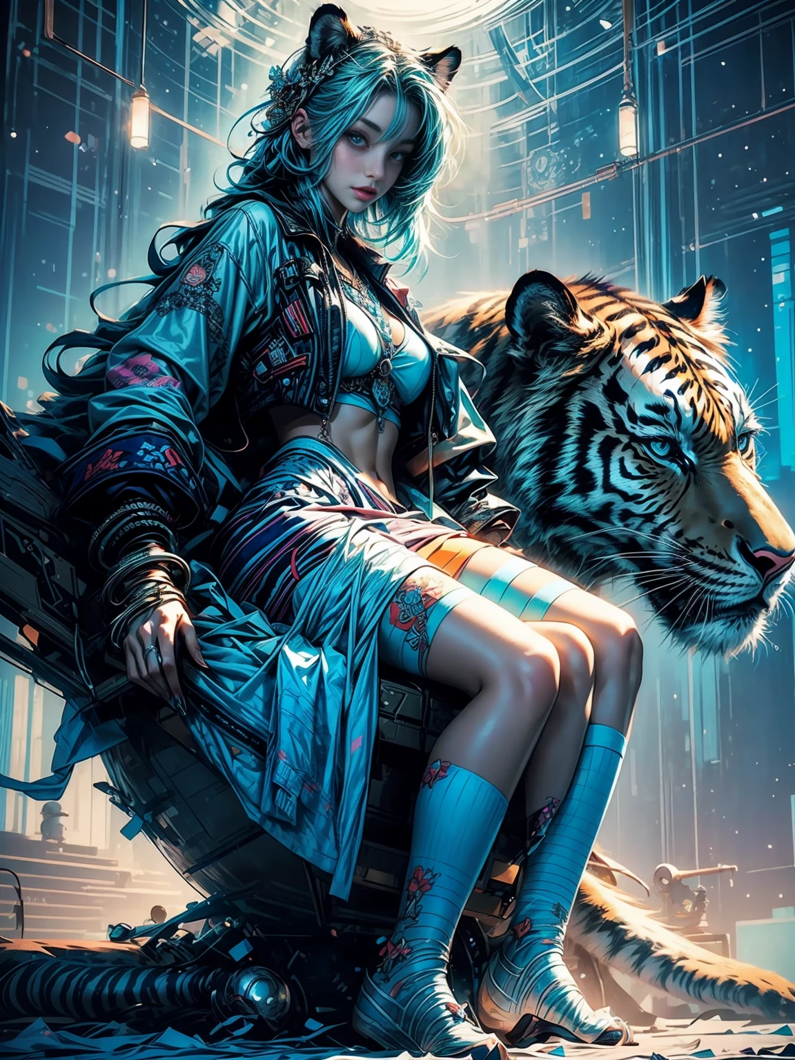 a beautiful girl model laying near a tiger with blue hair, in the style of dreamlike illustrations, realistic hyper-detail, light turquoise, dot-painted colors, optical blending, soft yet vibrant, hyper-realistic pop, dreamlike figures