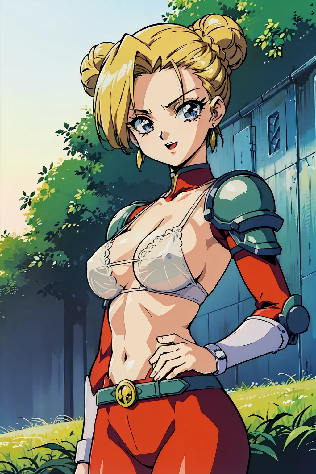 "(masterpiece:1.1), best quality,
1girl, (anime cell style, anime colours, 90s anime style:1.3), (eyelashes:1.5), (:1.2),
(intricate high detailed body:1.2),
(blonde hair:1.1), (hair slicked back:1.2), (short hair, twin bun:1.1), (tiara:1.2),
red eyes,
(muscular body:1.1), (gigantic breasts:1.3),
(angry, smile:1.2), open mouth,
(see-through lace bikini armor:1.2),
(belts:1.1), (earrings:1.1), bracelet,
standing,
(upper body, cowboy shot, looking at viewer, from front:1.1),
(daytime, grassland, outdoors:1.1)"