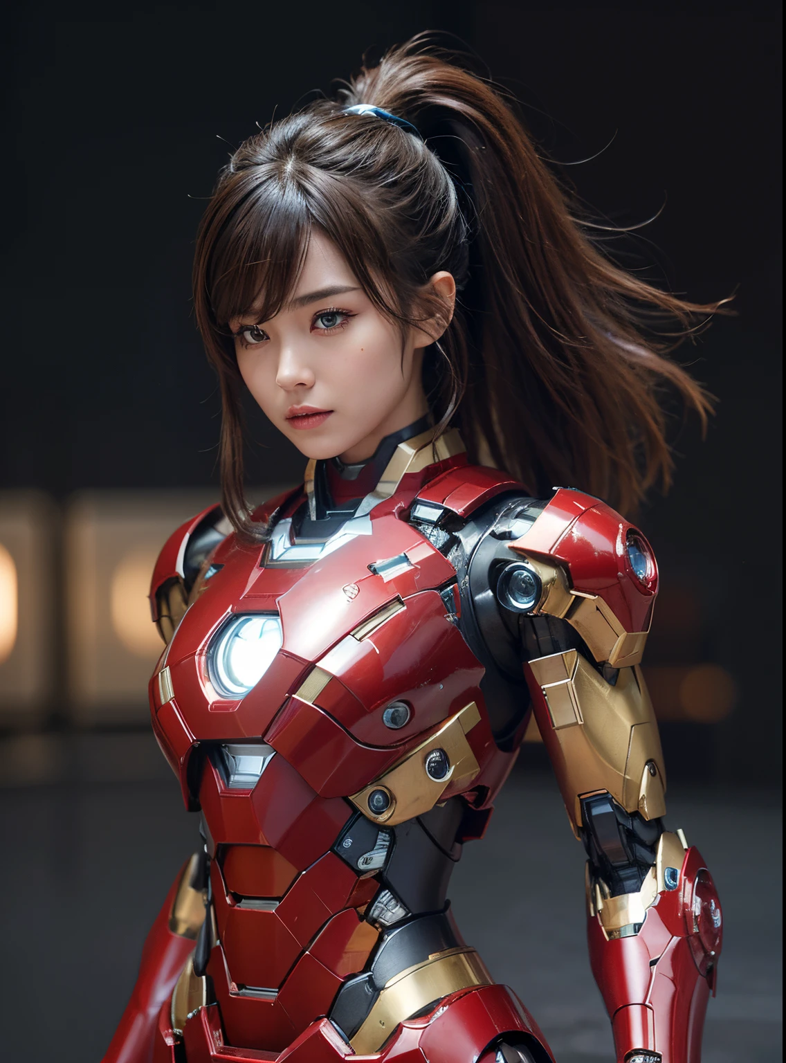 Textured skin, Super Detail, high details, High quality, Best Quality, hight resolution, 1080p, hard disk, Beautiful,(Iron Girl),beautiful cyborg woman,Mecha Cyborg Girl,Battle Mode,Girl with a Mecha Body,She wears an Iron Man mech,fully body photo