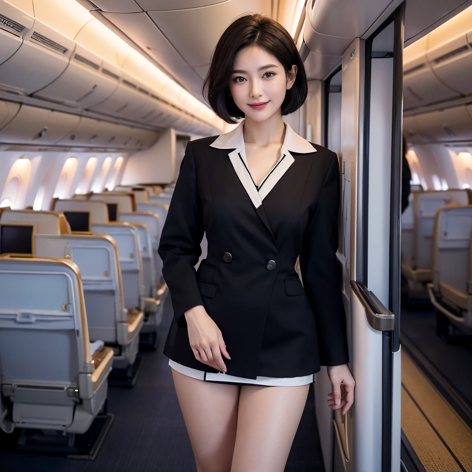 1womanl, 40 years、hyperdetailed face、Detailed lips、A detailed eye、二重まぶた、(Black bob hair、Smiling as you walk slowly down the aisle)、(Stewardess uniform)、(Glamorous body)、thighs thighs thighs thighs, Perfect fit, Perfect image realism, Background with: (Business Class aisle on airplanes:1.2), Cowboy Shot, In-depth background, detailed costume, Perfect litthing、Hyper-Realism、(Photorealsitic:1.4)、8K maximum resolution, (masterpiece), ighly detailed, Professional、Stewardess、Caviar Attendant、Standing、ito misaki