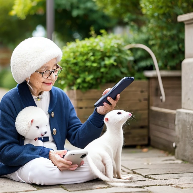 An old woman being taught how to use a smartphone by a white weasel,animesque,cute little