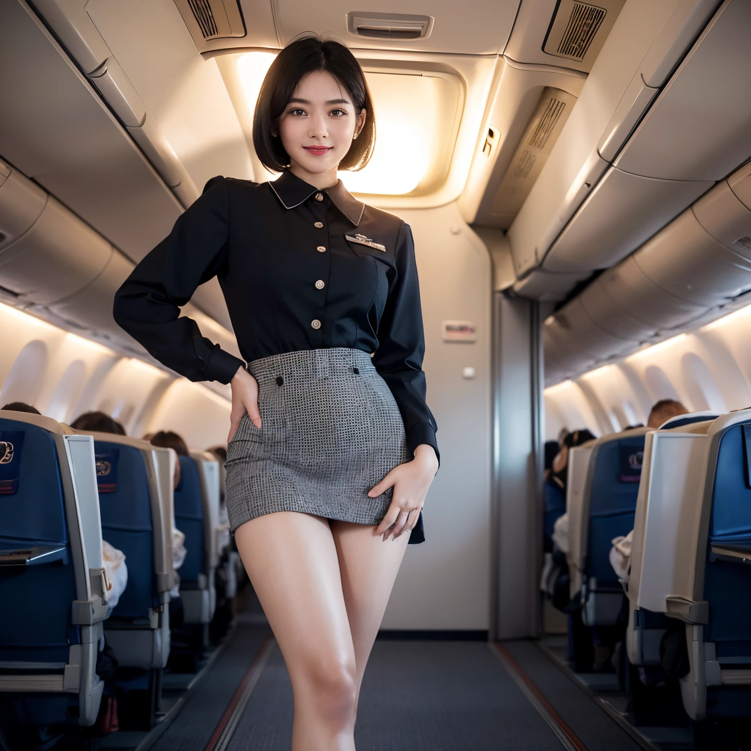 1womanl, 40 years、hyperdetailed face、Detailed lips、A detailed eye、二重まぶた、(Black bob hair、Smiling as you walk slowly down the aisle)、(Stewardess uniform)、(Glamorous body)、thighs thighs thighs thighs, Perfect fit, Perfect image realism, Background with: (Business Class aisle on airplanes:1.2), Cowboy Shot, In-depth background, detailed costume, Perfect litthing、Hyper-Realism、(Photorealsitic:1.4)、8K maximum resolution, (masterpiece), ighly detailed, Professional、Stewardess、Caviar Attendant、Standing