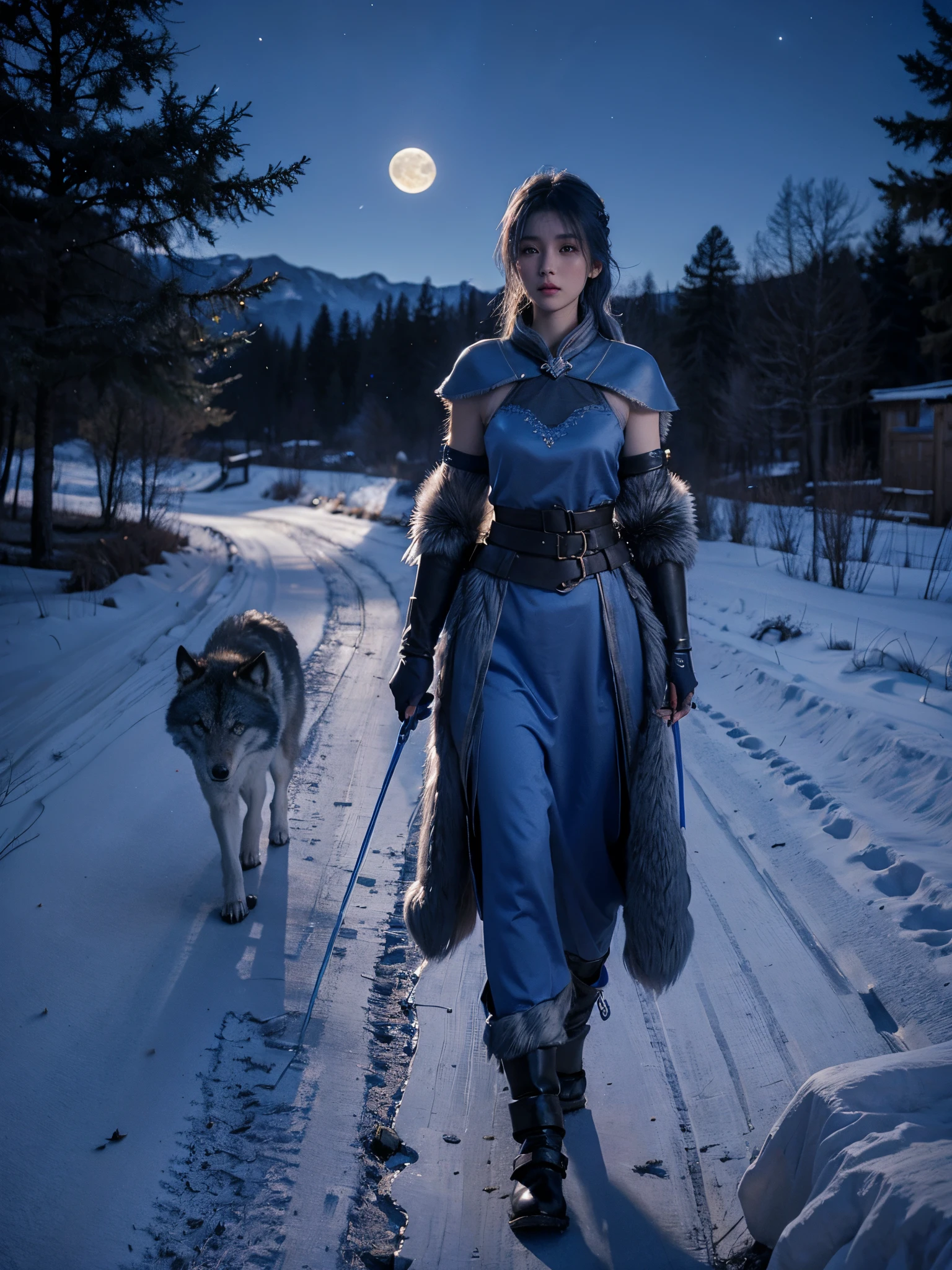 blue female warrior, onimous, Take a walk with wolves in the haunted village, nigh sky, moon full, actual, Full-HD, Best quality at best
