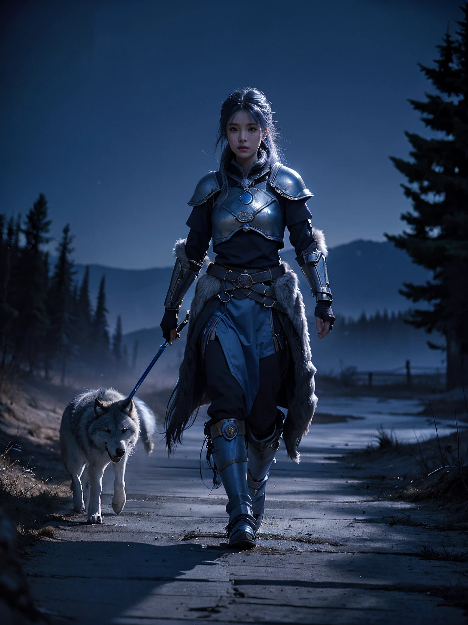 blue female warrior, onimous, Take a walk with wolves in the haunted village, nigh sky, moon full, actual, Full-HD, Best quality at best
