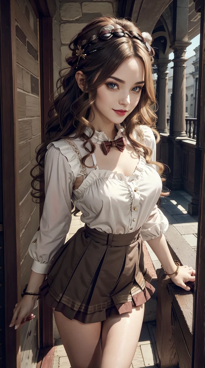 a 25yo woman、Hair color is a gradient color、eye color is brown、Semi-long、hair is wavy、wearing eye shadow and lipstick、I'm wearing a decorated headband、accessories on wrist、Slender but well-proportioned muscular body、wearing a frilly blouse、I'm wearing a low-rise pleated skirt、huge tit、a smile、Inside a Gothic building