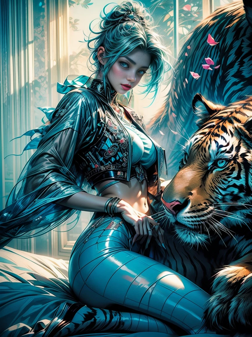 a beautiful girl model laying near a tiger with blue hair, in the style of dreamlike illustrations, realistic hyper-detail, light turquoise, dot-painted colors, optical blending, soft yet vibrant, hyper-realistic pop, dreamlike figures
