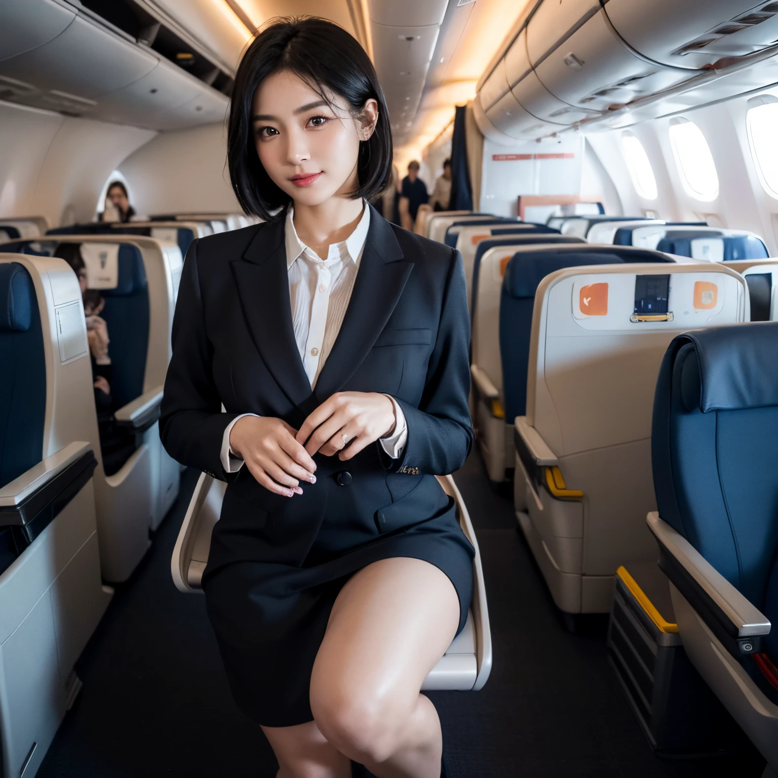 1womanl, 40 years、hyperdetailed face、Detailed lips、A detailed eye、二重まぶた、(Black bob hair、Smiling as you walk slowly down the aisle)、(Stewardess uniform:1.2)、(Glamorous body)、(Colossal tits)、thighs thighs thighs thighs, Perfect fit, Perfect image realism, Background with: (Business Class aisle on airplanes:1.2), Cowboy Shot, Meticulous background, detailed costume, Perfect litthing、Hyper-Realism、(Photorealsitic:1.4)、8K maximum resolution, (masterpiece), ighly detailed, Professional、Stewardess、Caviar Attendant、serious facial expression、squatting