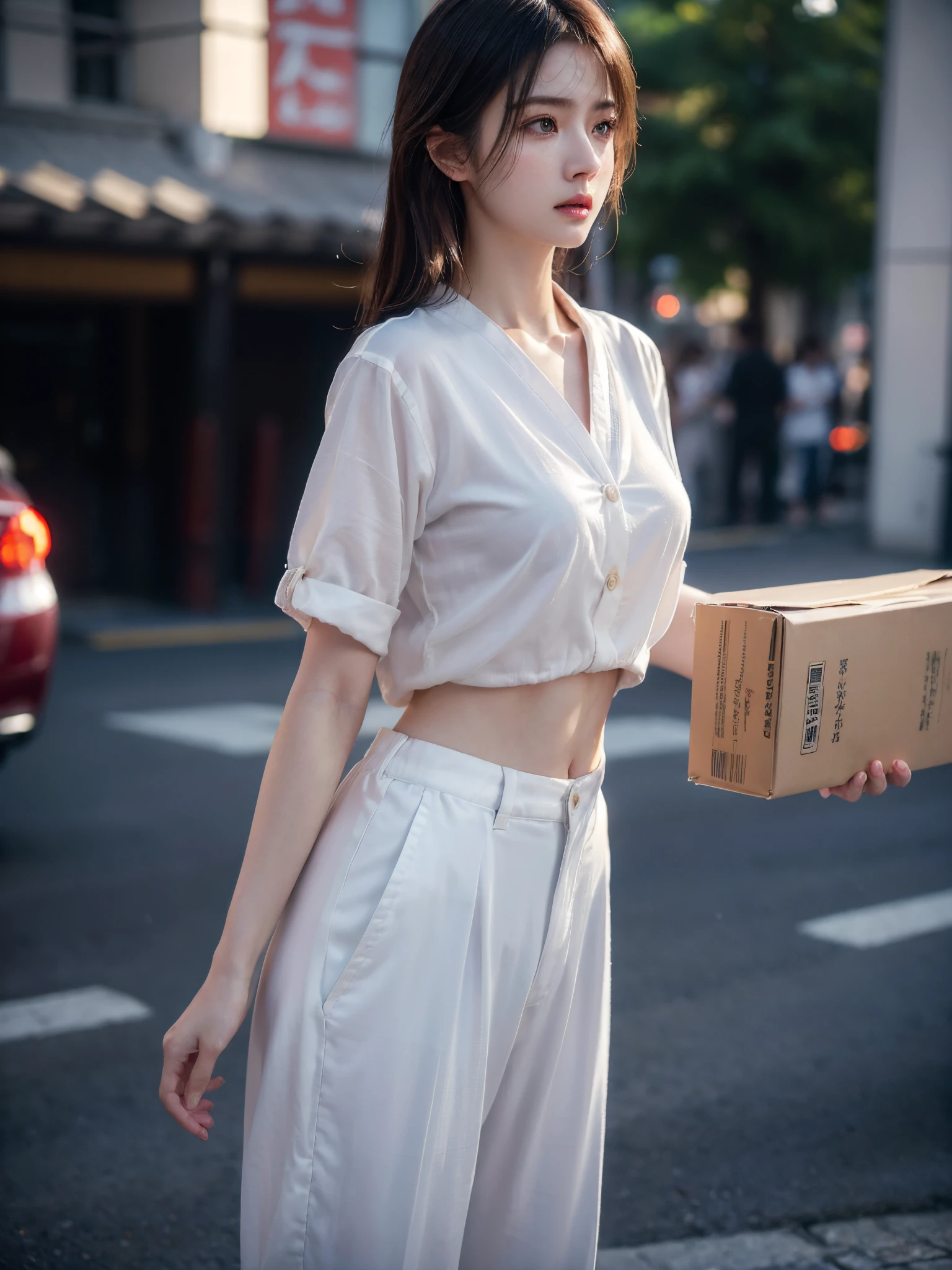 (((Photorealistic photography))),, sportrait, (Scared face:1.3),, beuaty girl, looking at viewert, , (校服:1.2), shirt buttons and pants, , (plumw:1),, In Japan streets, (ambient details:1.3),, (RAW photogr, CG unification, photography of, hyper realistic detailed, Focus sharp, Delicate skin,4K, A high resolution, tmasterpiece, Best quality at best, actual, A vibrant:1.2),, (8K,4K, hyper HD, A high resolution, professional, Cinematic, cinematic ligh, dramatics),, (Deformed depth of field blurred background), detailedbackground,