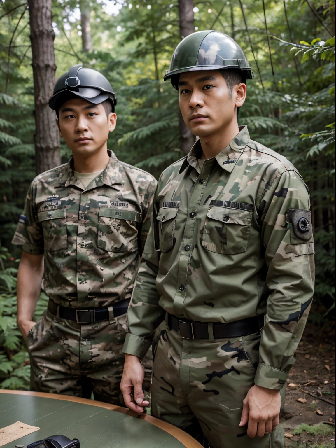 Soft Anime art male electrical engineer, wearing an orange shirt, wearing a helmet, standing with a senior male general in a forest green and black camouflage patterned camouflage shirt, no weapons. Not wearing tactical armor or wearing The two of them stood looking at a map of Hokkaido on a wooden table. We are consulting together. (Japanese nationality)
No military armor allowed No guns allowed
normal military uniform Camouflage military shirt, no hat