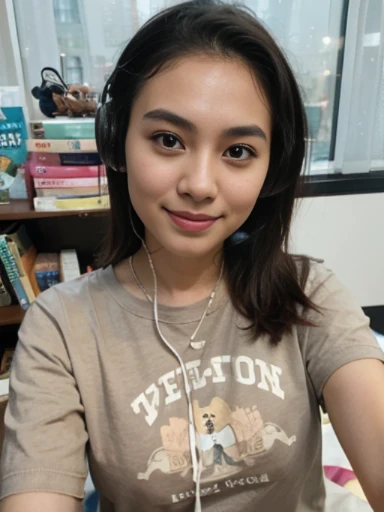 woman with earphones on sitting in front of a book shelf, 2 , with head phones, with accurate face, 2 8 years oldt asian with round face, 2 9 years old, profile ph short hair, selfie photo, potrait, hard lighting!, 8k selfie photograph, very slightly smiling, headshot profile picture, with earphones, natural skin tone, mix Chinese Malay,