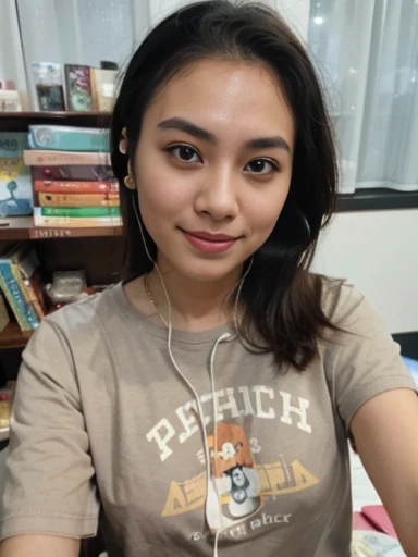 woman with earphones on sitting in front of a book shelf, 2 , with head phones, with accurate face, 2 8 years oldt asian with round face, 2 9 years old, profile ph short hair, selfie photo, potrait, hard lighting!, 8k selfie photograph, very slightly smiling, headshot profile picture, with earphones, natural skin tone, mix Chinese Malay,