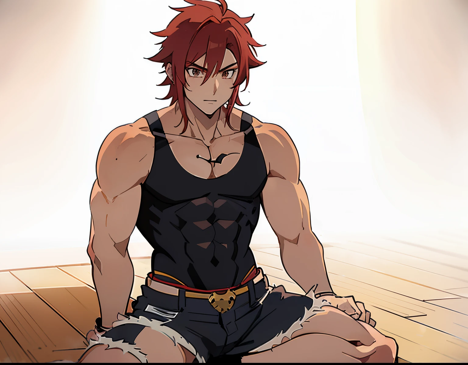 Anime boy with red hair sitting on the floor in seiza style, Anime Boy, anime style character, garments:Black tank top, boy wearing denim shorts, In anime style, anime styled, Anime style, Muscular men, Knight of Zodiac Boy, With semi-long red hair, In an anime style, masculine and muscular, Bare arms, Bare shoulders,