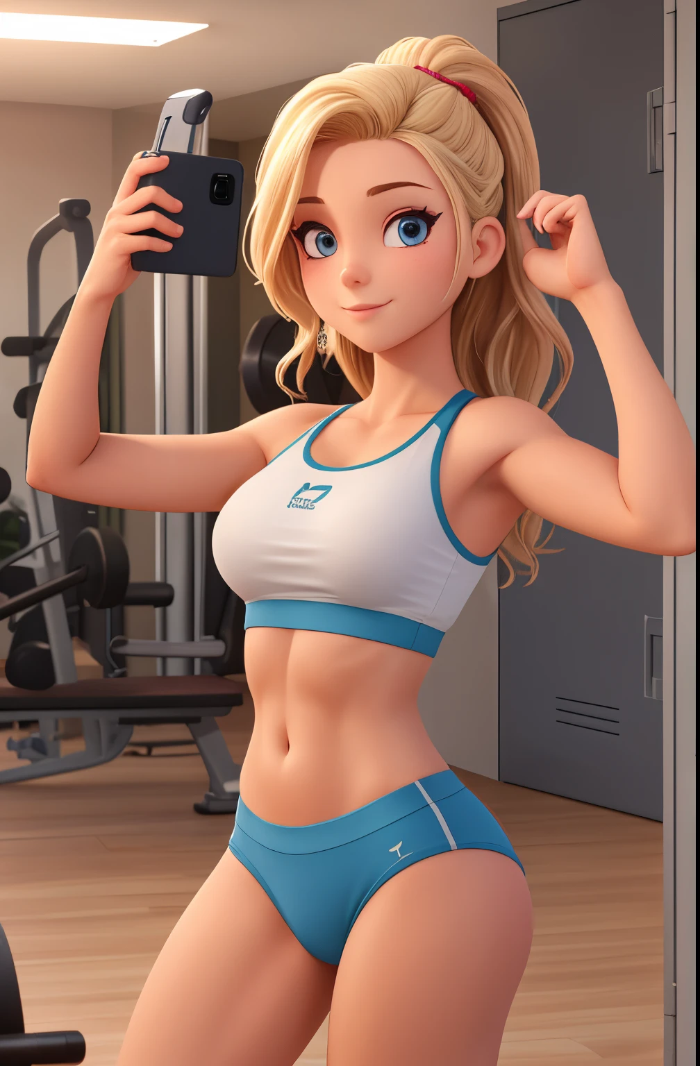 3 girls , underwear, gym locker room, small breasts random hair styles, beautiful, perfect skin, 8k resolution, perfect lighting, perfect face, perfect shading, extreme detail, shining, tanned skin, bright lighting, taking selfie