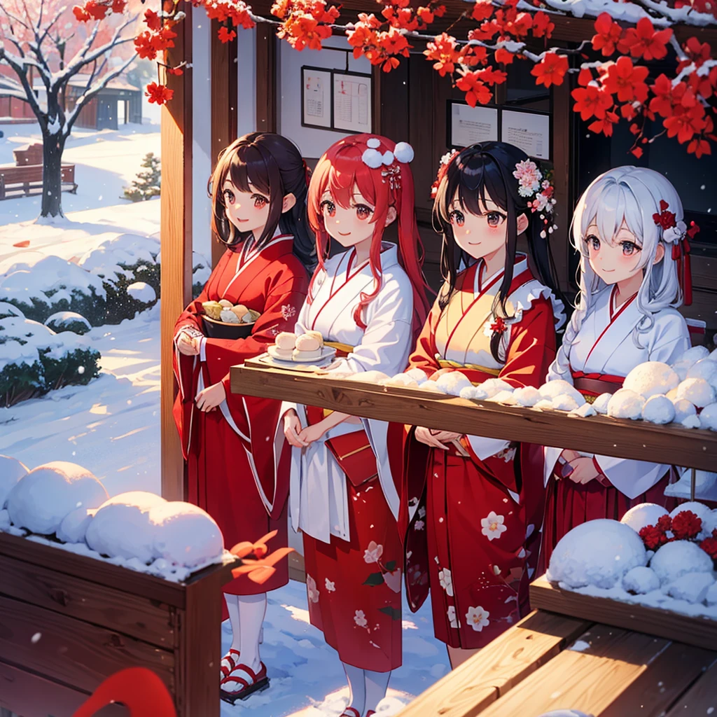 hightquality、early morning、Red and white kimono、January、Eat mochi、a smile、snowscape、Sunnyday