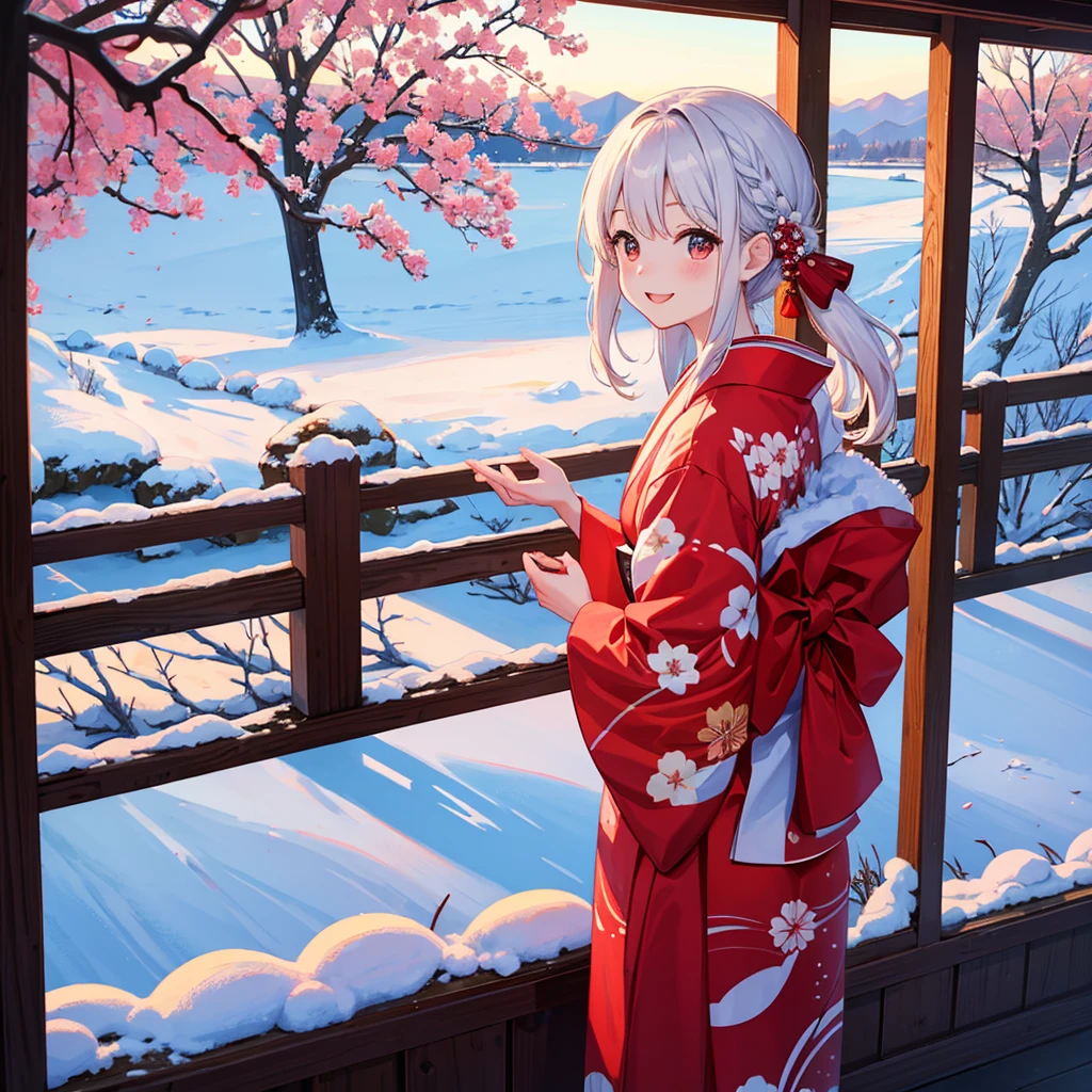 hightquality、early morning、Red and white kimono、January、Eat mochi、a smile、snowscape、Sunnyday