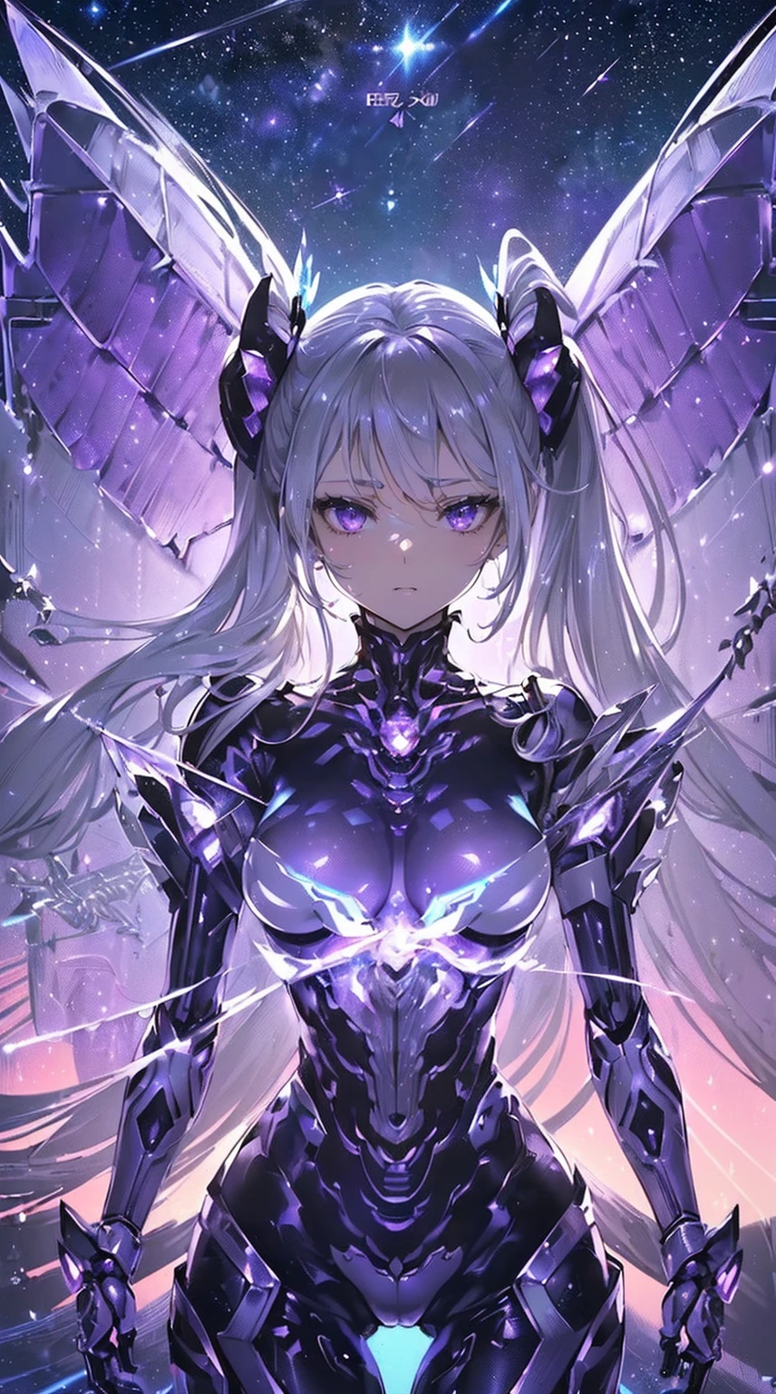 (((masterpiece))), (((highest quality))), ((ultra-detailed)), ((super fine illustration)), ((ultra-fine painting)), (upper body:1.4), (Highly detailed and delicate illustration style:1.8), detailed skin texture, detailed metal texture, detailed cloth texture, extreme detailed description, (T-masterpiece), (highly detailed face:1.2), (highly detailed silver hair:1.2), (highly detailed purple eyes:1.2), (highly detailed wings:1.2), original, raw photo, professional, Intricate details, super details, intricate ornament details, (perfect anatomy:1.2), (perfect hands:1.2), (perfect fingers:1.2), (sexy), (sexy), real, (Solo:1.5), (A beautiful and cool female marshal with beautiful hair and eyes dressed as a mechanical angel) BRAKE (Beautifully shaped small breasts), (Beautifully shaped small buttocks), (The beautiful, shiny silver twintails are extremely detailed and delicate and shine in rainbow colors, colorful hair:1.2), (Beautiful clear purple eyes that shine with great detail and delicate:1.2), (beautiful hands and fingertips:1.2) BRAKE ((mecha:1.4))Smooth and menacing design, (Highly detailed and delicate large amethyst purple symmetrical mechanical angle wings:1.4)Smooth and menacing design, (Amethyst purple all-range attack type mechanical armor for marshal girls that shines in iridescent colors and is highly detailed and baptized:1.3), (Symmetrical Wings:1.5) BRAKE concept-art, cyber-punk, (Detailed Science Fantasy Art:1.2) BRAKE (Battle Pose), (Highly detailed and dynamic all-range attack pose:1.1) BRAKE (other world), (no robot:1.4), (close mouth:0.95), (Geometric patterns), (colorful confetti:1.15)), (8K highest quality wallpaper:1.4), (Highly detailed and delicate starry sky background:1.4) BRAKE