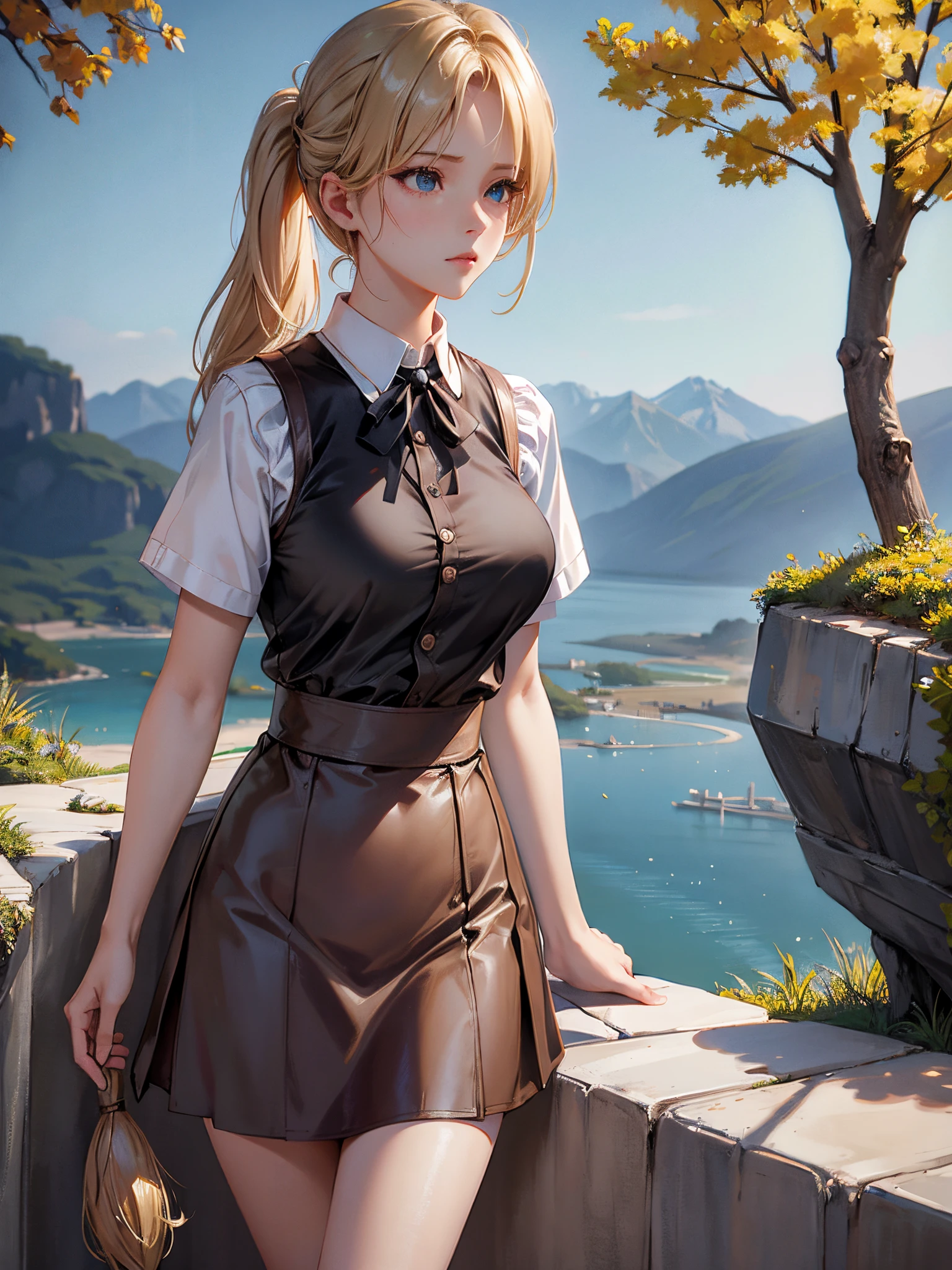 realisticlying,actual, Alone, realisticlying, Best quality at best, 超高分辨率, 1个Giant Breast Girl,, , blond hairbl，pony tails, Wearing a vest skirt, A gentle breeze blows through the meadow,, , 1个Giant Breast Girl,, The beautiful, tmasterpiece, Best quality at best, Extremely detailed face, perfect litthing, 1个Giant Breast Girl, Alone,, , Best quality at best, 超高分辨率, realisticlying,, ultra - detailed,, tmasterpiece, Best quality at best, , Nancy 1,
