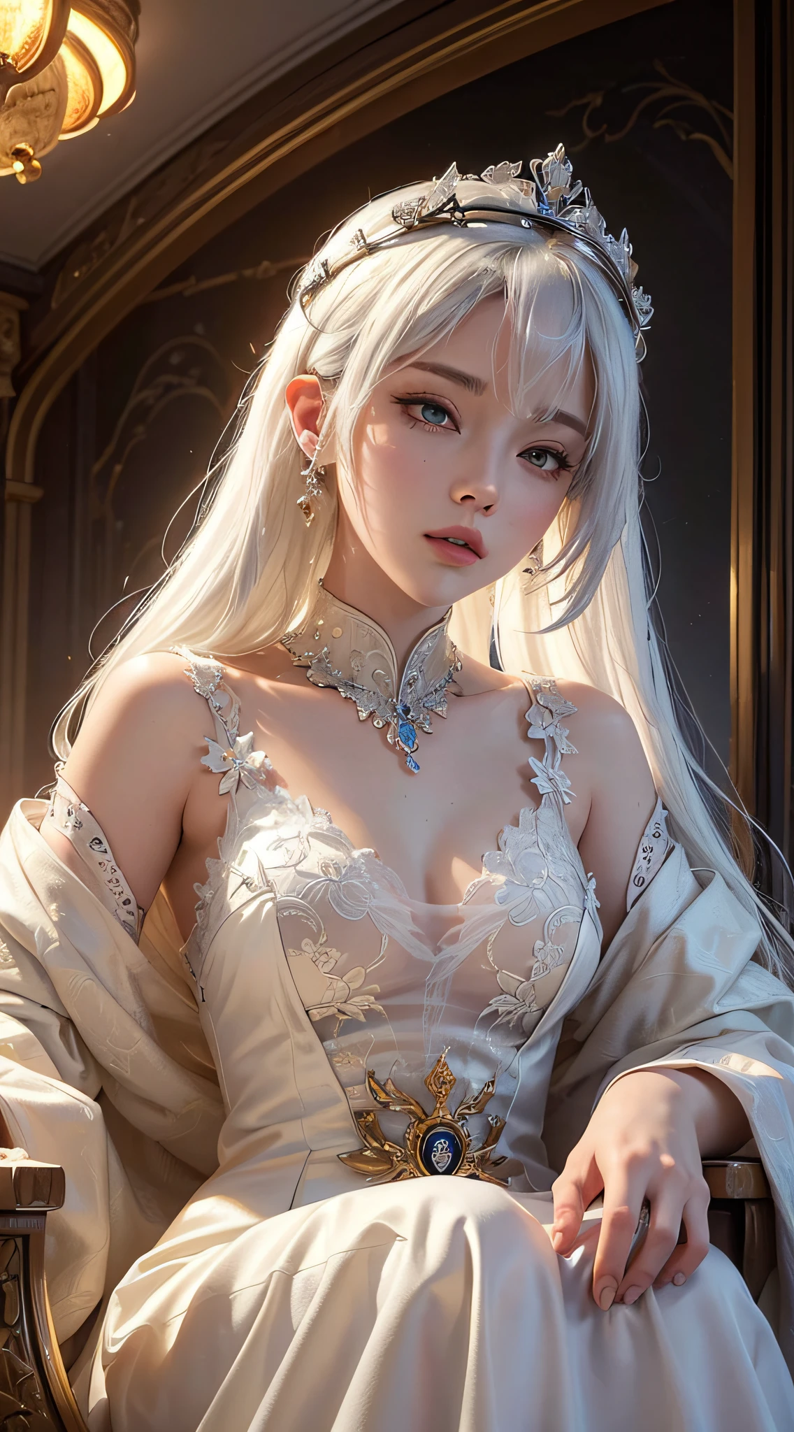 (Masterpiece:1.2), best quality, (illustration:1.2), (ultra-detailed), hyper details, (delicate detailed), (intricate details), (cinematic light, best quality Backlights), clear line, from below, soloist, perfect body, (1girl), white hair and yellow eyes, (emperor, black see-through clothes), (crown: 1.1), sitting on the throne, eyes slightly closed, head down, (shy: 1.2 ), (makeup), high contrast, (best illumination, an extremely create and beautiful), (cinematic light), colorful,