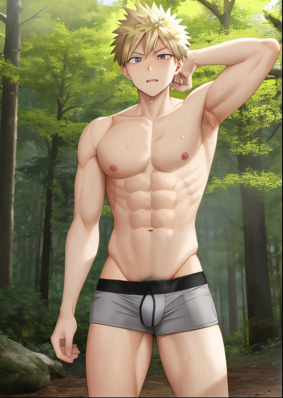 bakugo, Guy blonde, the sweat , in gray panties , , bulge between legs, outstanding , Bump in panties , slender shoulders, bulge, Tall stature, in the woods , arm behind head, bulge in underpants, in only underpants , Without outerwear , in gray panties , bulge , protruding , Kind expression on his face ,