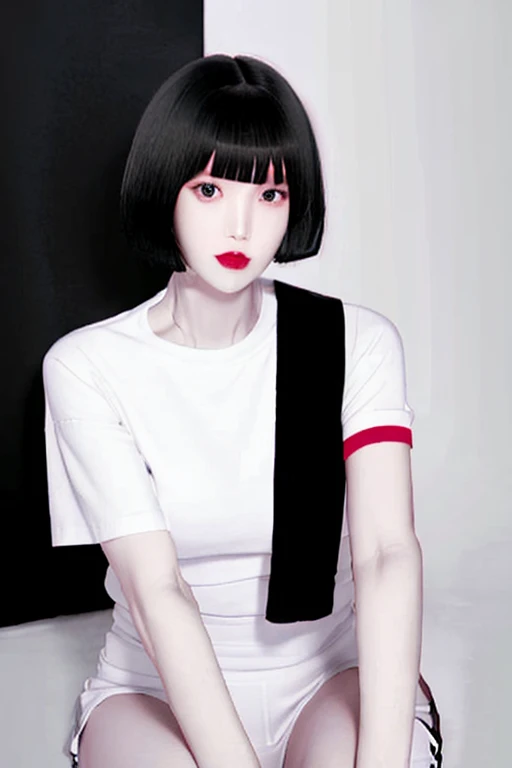 hiquality、highcontrast８ｋ、A cute woman with a classy atmosphere、Short bob with black hair、It seems quiet、Idle face、Eyes that attract men&#39;s hearts、Slender body、white t-shirt and red miniskirt、White sneakers、