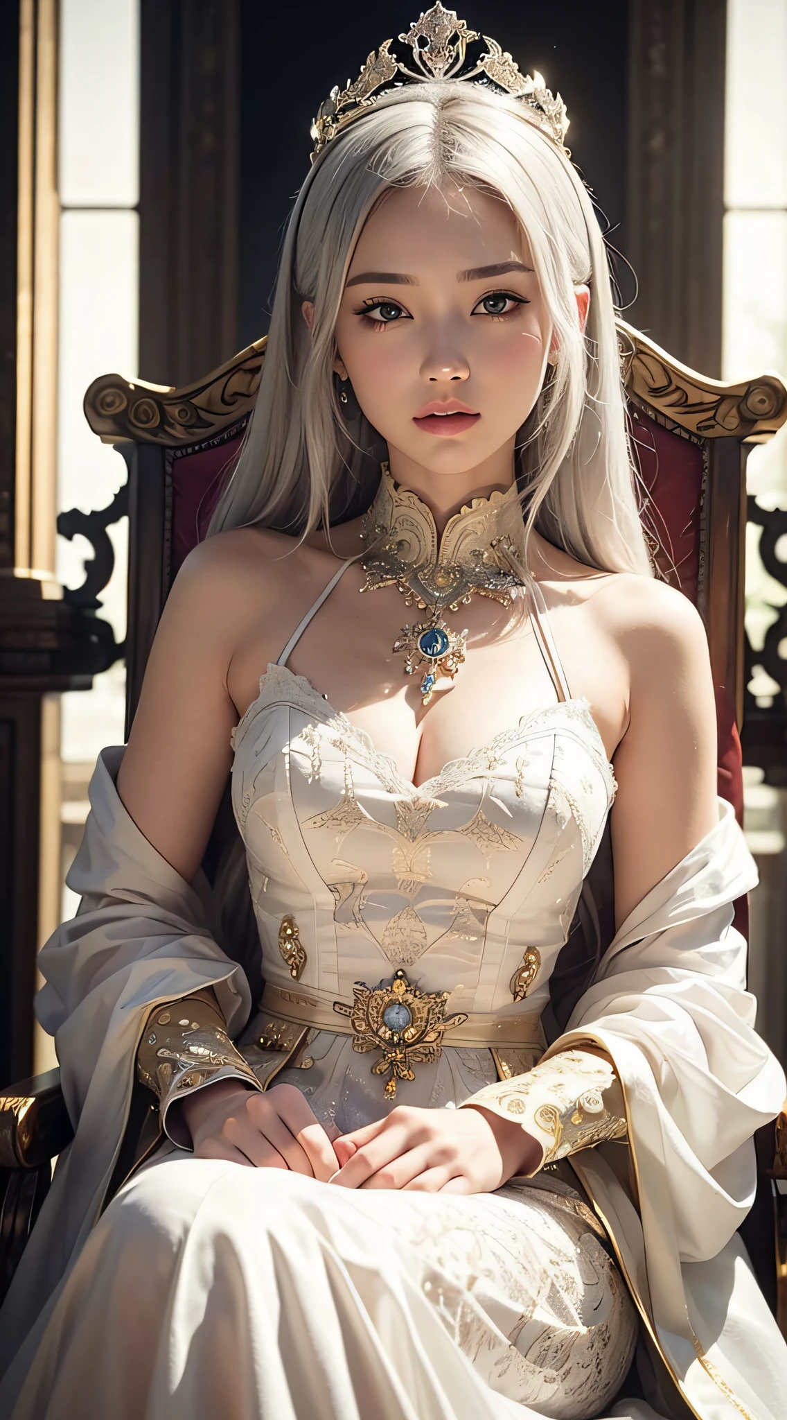highly detailed digital artwork of a beautiful woman with long white hair,seated on an ornate staircase. The woman is wearing a lavish costume that seems inspired by vintage or classic showgirl outfits,characterized by its luxurious and ornate design. Her attire includes a white bodice adorned with intricate beading and detail work,creating a texture that resembles floral patterns and embroidery. Complementing the bodice is a pair of opaque white gloves that extend past her elbows,as well as a set of white feathered headpieces that frame her face and add an air of dramatic flair to her look