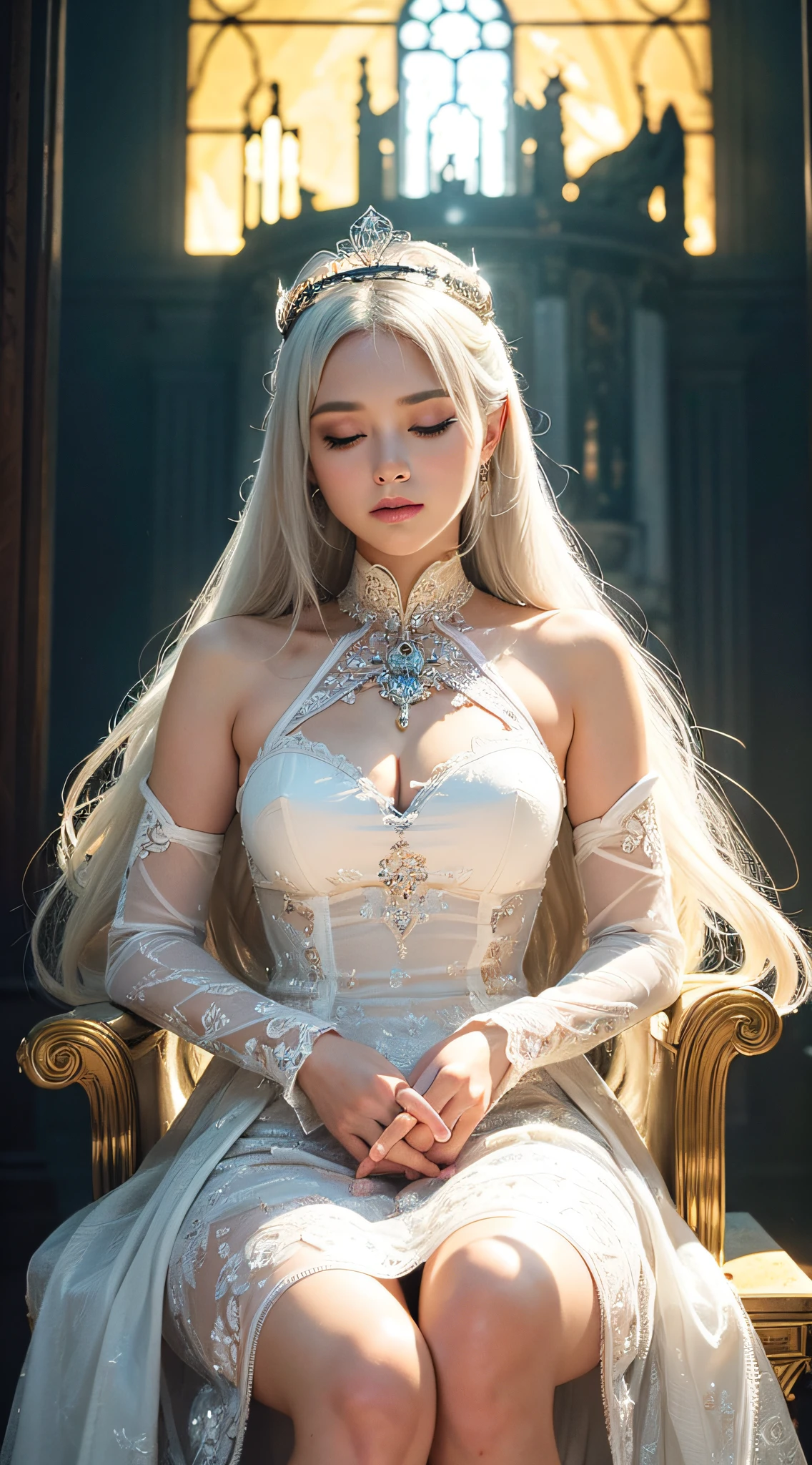 (Masterpiece:1.2), best quality, (illustration:1.2), (ultra-detailed), hyper details, (delicate detailed), (intricate details), (cinematic light, best quality Backlights), clear line, from below, soloist, perfect body, (1girl), white hair and yellow eyes, (emperor, black see-through clothes), (crown: 1.1), sitting on the throne, eyes slightly closed, head down, (shy: 1.2 ), (makeup), high contrast, (best illumination, an extremely create and beautiful), (cinematic light), colorful,