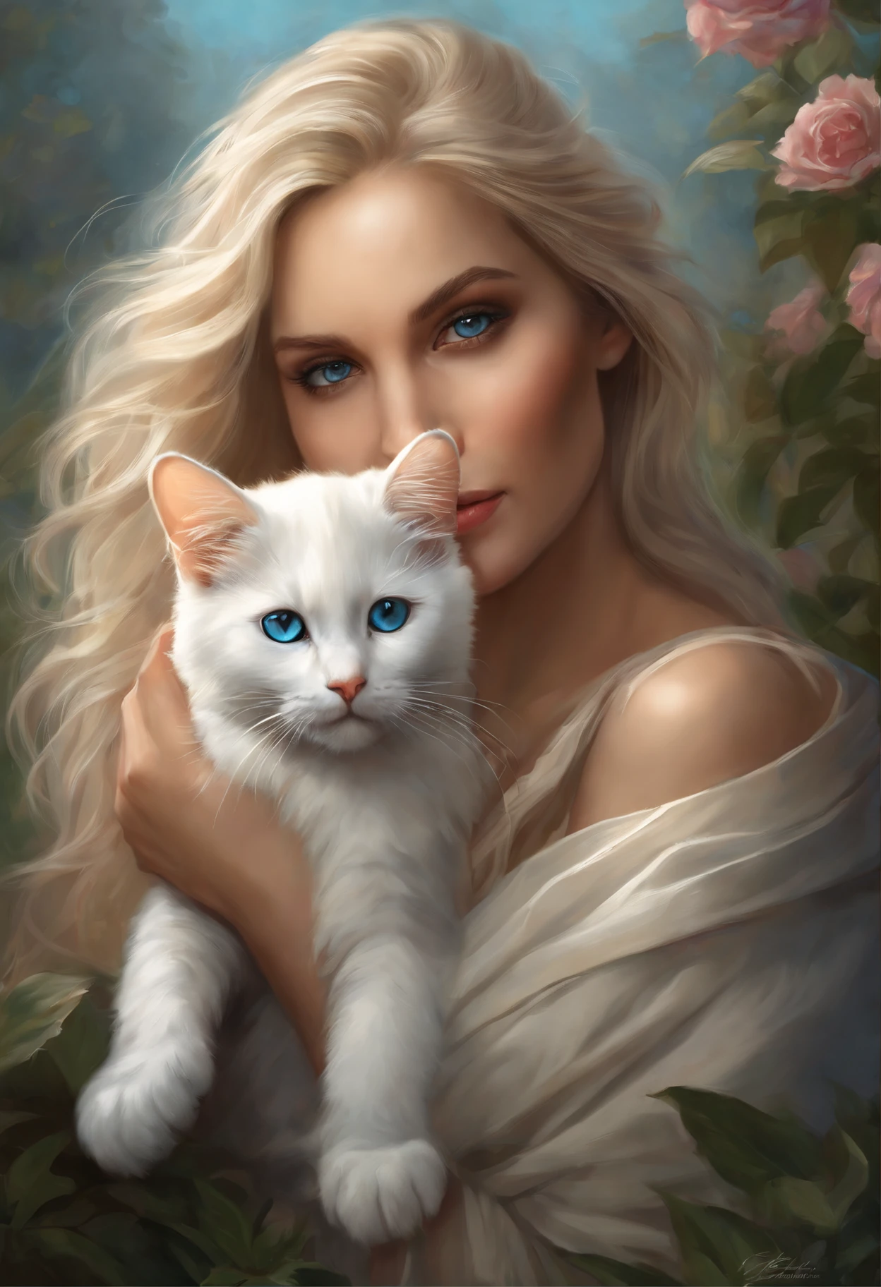 blonde with blue eyes holding a white cat in her arms, graphic artist magali villeneuve, fantasy art portrait, magali villeneuve', beautiful fantasy art portrait, gorgeous digital painting, magali villeneuve and monet, fantasy portrait art, realistic fantasy illustration, beautiful digital illustration, beautiful digital artwork, beautiful fantasy portrait, fantasy portrait, beautiful digital painting