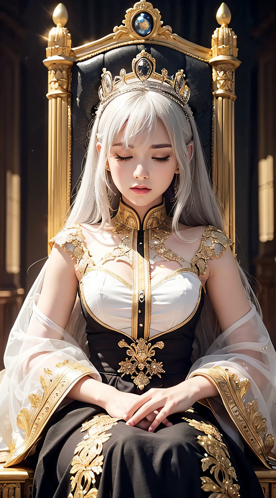 (Masterpiece:1.2), best quality, (illustration:1.2), (ultra-detailed), hyper details, (delicate detailed), (intricate details), (cinematic light, best quality Backlights), clear line, from below, soloist, perfect body, (1girl), white hair and yellow eyes, (emperor, black see-through clothes), (crown: 1.1), sitting on the throne, eyes slightly closed, head down, (shy: 1.2 ), (makeup), high contrast, (best illumination, an extremely create and beautiful), (cinematic light), colorful,