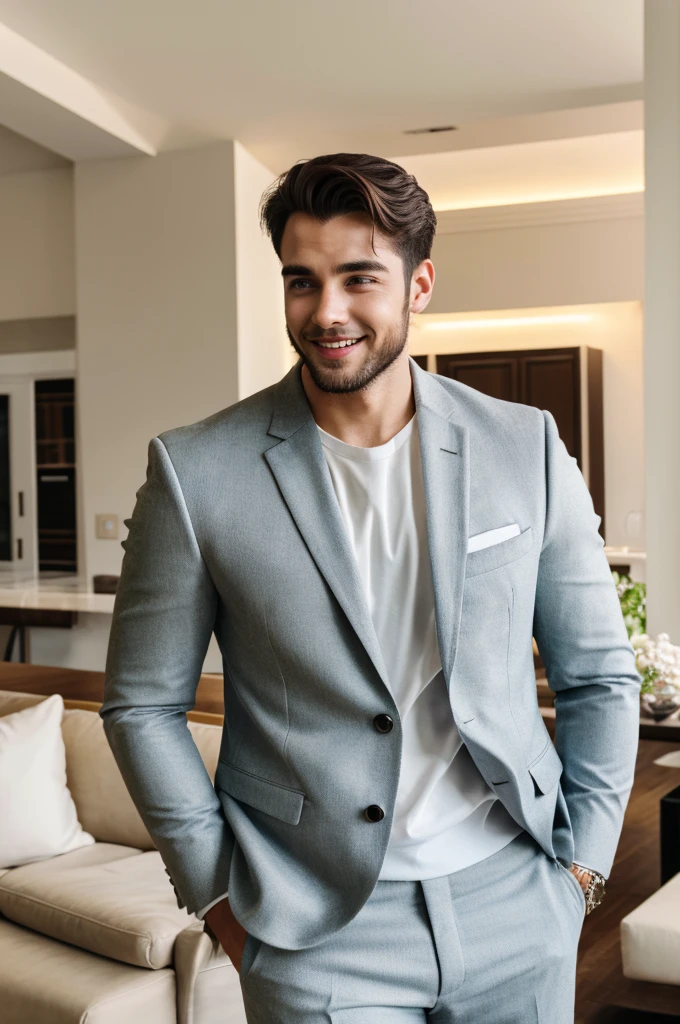 handsome rich young man, in rich house, happy, cheerful , in elegant clothes, 4k ultra realistic, very real, 20 year, super realistic