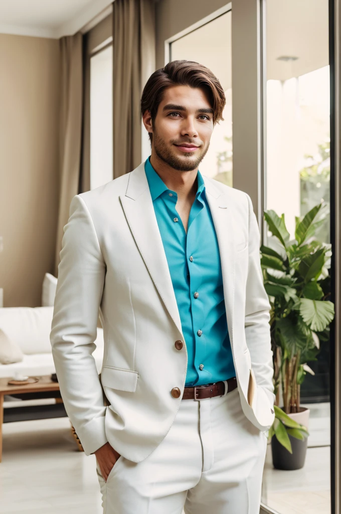 handsome rich young man, in rich house, happy, cheerful , in elegant clothes, 4k ultra realistic, very real, 20 year, super realistic