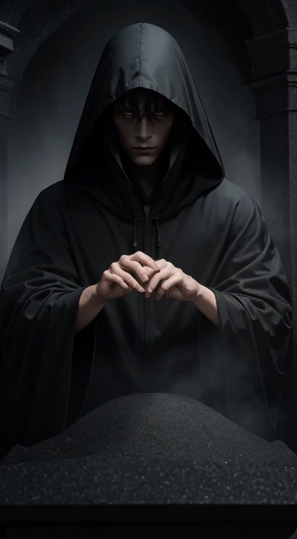Cute hooded grim reaper shrouded in dark fog,Empty Hand Horse Foice,emerge from the spinning shadow.,emerge from the spinning shadow.Stay at the Cemetery of Forgotten Souls.(Cabellos Ristrados Castaños Claros e Rosa:1.face perfect,Proper body proportion,masutepiece,Best Quality,超A high resolution,intricate detailes,extremely delicate and beautiful,Photographiale Arista,dreamer,Professional Lighting,realistic shadow,solo forcus,Beautiful hands,Cute fingers,