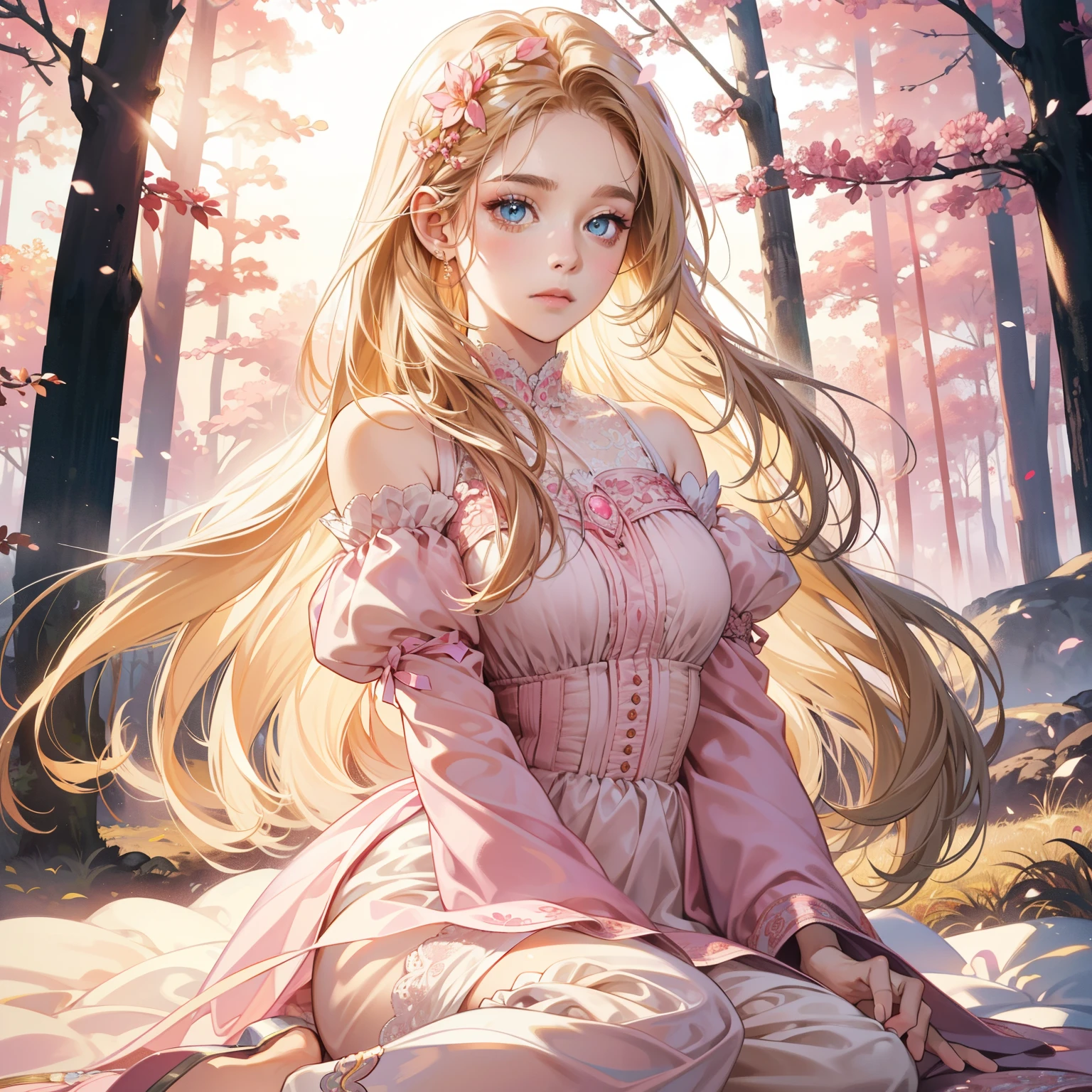 Masterpiece, high quality, best quality, HD, realistic, perfect lighting, detailed body, 1 woman, perfect eyes, long hair, Cream colour Hair, glowing, soft pink dress, pink forest background.