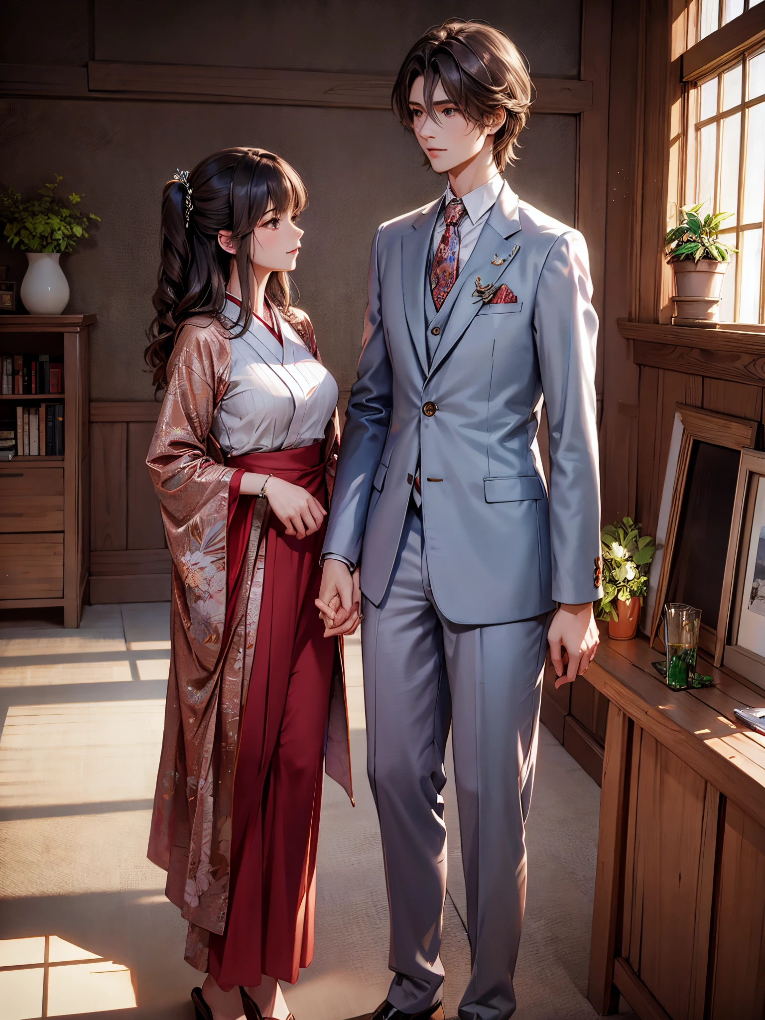 tmasterpiece, Japanese cartoon, Best quality at best, 2, husband and wife, mature, , Height difference, Different fashions, different colors, lounge suit, longer sleeves, ssmile, Happy, Loves, whirly, blue-sky, Long-haired man, Man with light brown hair, Woman with dark hair, Woman with dark hair