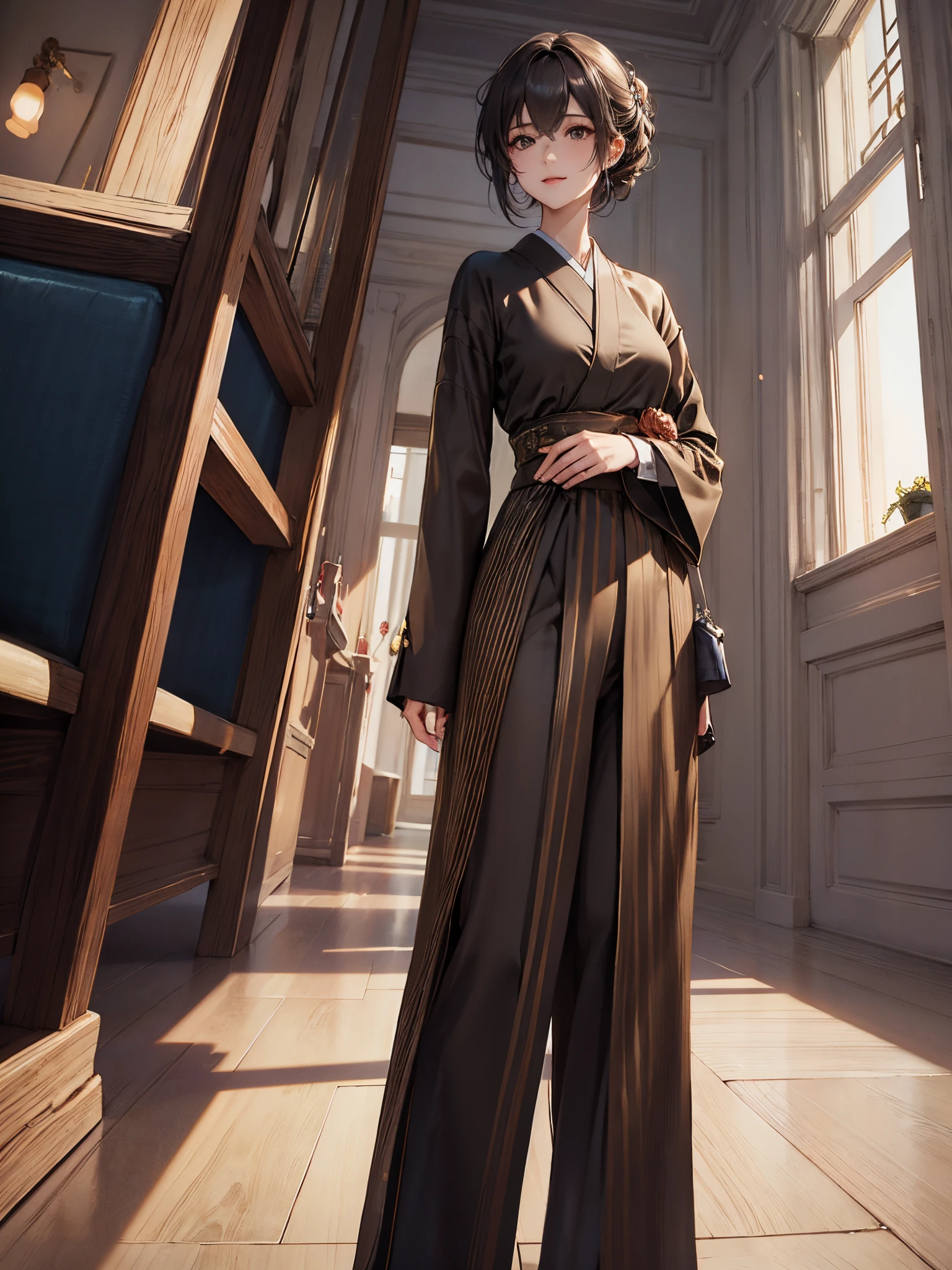 tmasterpiece, Japanese cartoon, Best quality at best, 2, husband and wife, mature, , Height difference, Different fashions, different colors, lounge suit, longer sleeves, ssmile, Happy, Loves, whirly, blue-sky, Long-haired man, Man with light brown hair, Woman with dark hair, Woman with dark hair