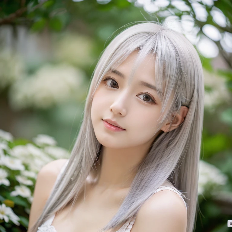 (Best Quality,4K,8K,hight resolution,masutepiece:1.2),Ultra-detailed,extremely detailed eye and face,Beautiful detailed eyes,Beautiful detailed lips,long eyelashes,((Realistic)),Photorealistic:1.37,japanes,fine-grained white skin,beautiful and magnificent composition,Marshmallow-like skin,masutepiece,Attractive,Posing for a photo,Cute,((Silver hair color)),silky smooth and straight hair,Outdoor on a sunny day,healthful,(with round face),Photographing the whole body,Standing,Beautiful breasts,pink nipples