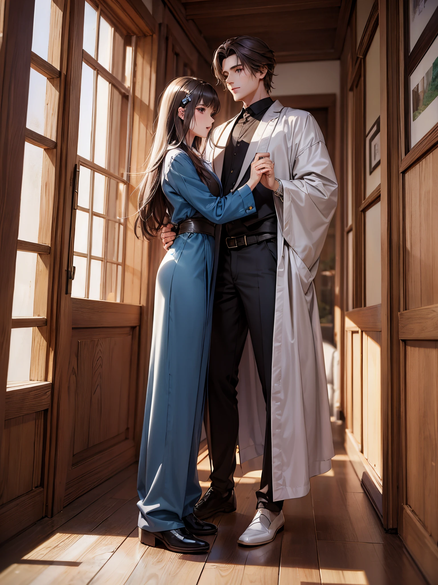 tmasterpiece, Japanese cartoon, Best quality at best, 2, husband and wife, mature, , Height difference, Different fashions, different colors, lounge suit, longer sleeves, ssmile, Happy, Loves, whirly, blue-sky, Long-haired man, Man with light brown hair, Woman with dark hair, Woman with dark hair