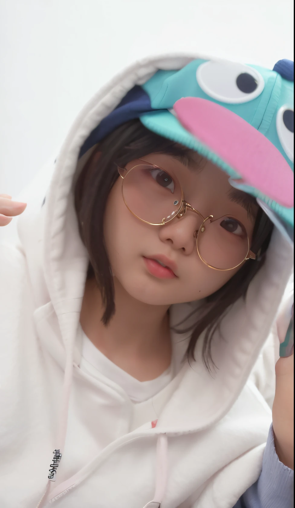 There is a girl wearing a hat and glasses, Cute Korean face, Girl with round frame glasses, Ziyu from twice, she has a cute face, doom, wears glasses, Very, very high quality pictures, Young cute asian face, she wears harry potter glasses, Jiama Chan, Girl in hoodie, blackpink jennie